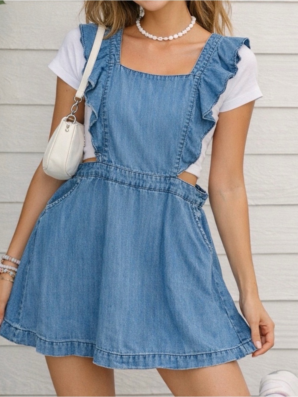 SKIES ARE BLUE Denim Ruffle Pinafore Overall Dress in Light size large